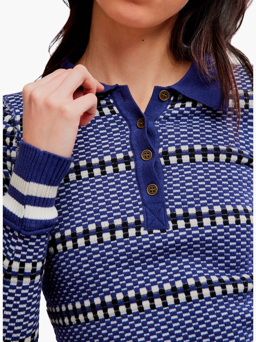 We The Free Level Up Swift Collared Long Sleeve Top in navy combo size xs - Picture 2 of 12
